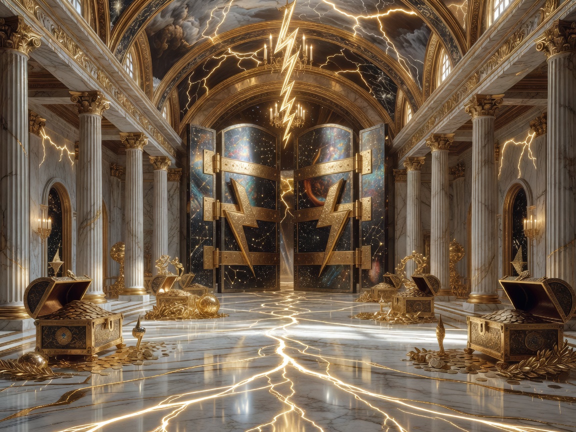 Luxury Olympian treasure hall with marble floors, gold lightning accents, and celestial vault doors