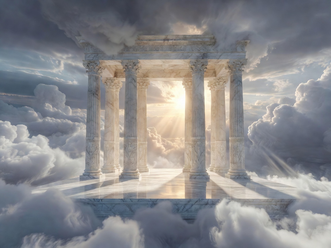 Premium Mount Olympus sky gate with white marble columns and cinematic divine lighting