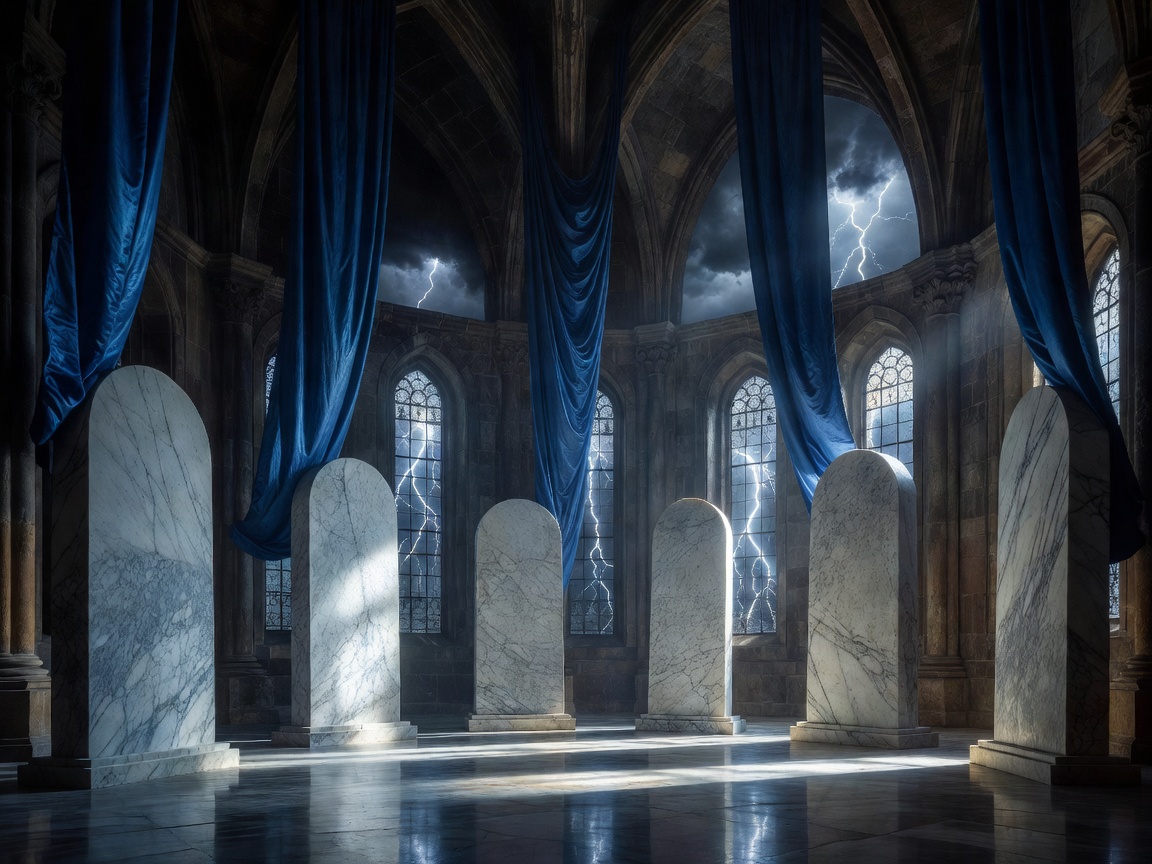 Elegant oracle chamber with marble tablets, blue silk banners, and storm-lit windows